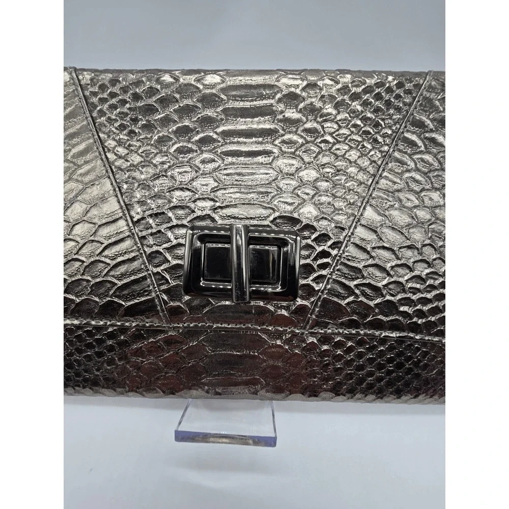 MMS Metallic Snakeskin Embossed Clutch Evening Bag Gunmetal Chain Strap